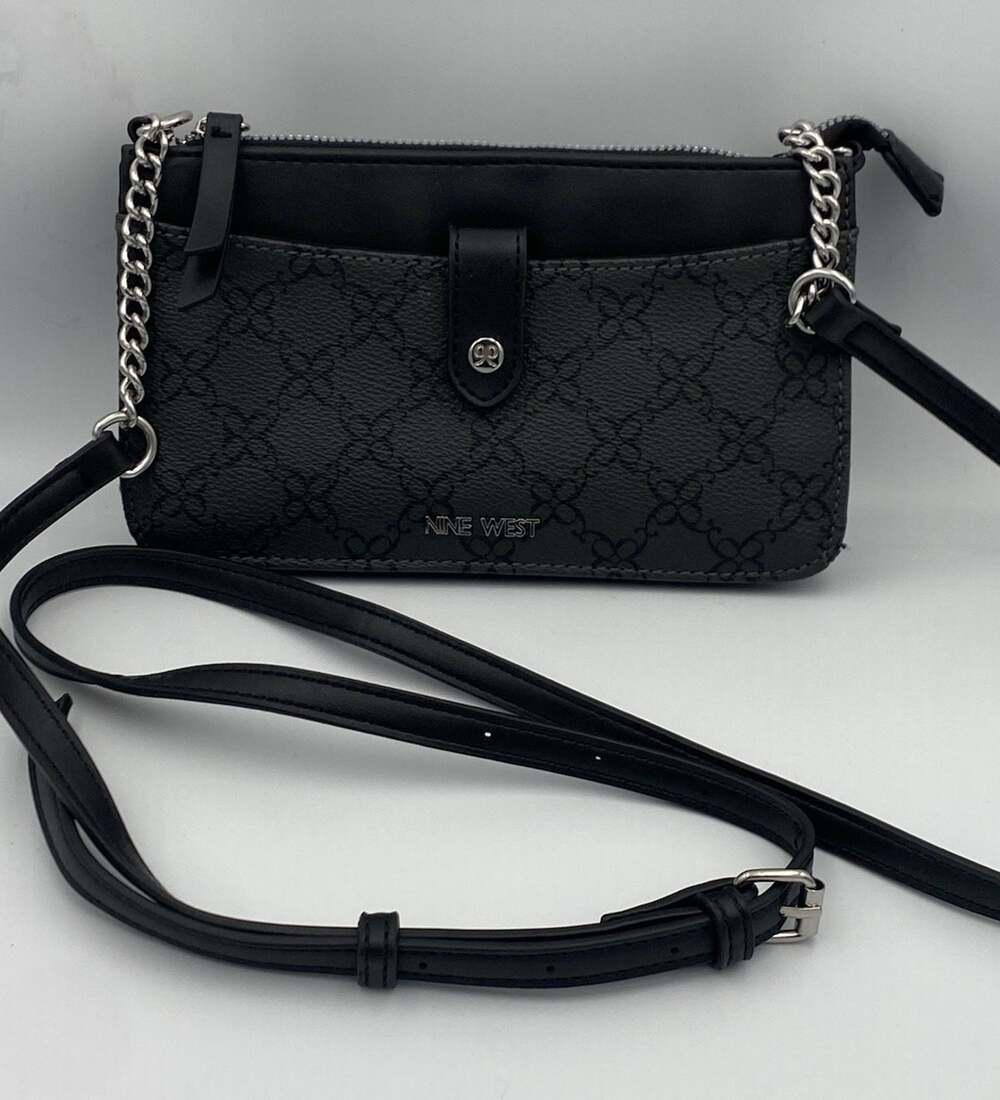 Nine West Black Logo Zip Crossbody Bag Silver Chain Strap Detachable Pockets